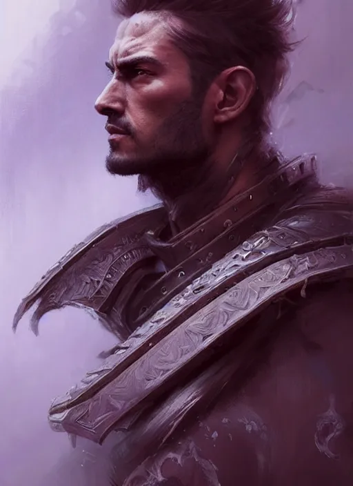 Prompt: highly detailed full face portrait of a handsome and muscular ronin, square masculine facial features, short messy hair, surrounded by fog, art by greg rutkowski and artgerm and peter mohrbacher, intricate, samurai, concept art, purple color palette, digital painting, trending on artstation, smooth, sharp focus, vibrant colors
