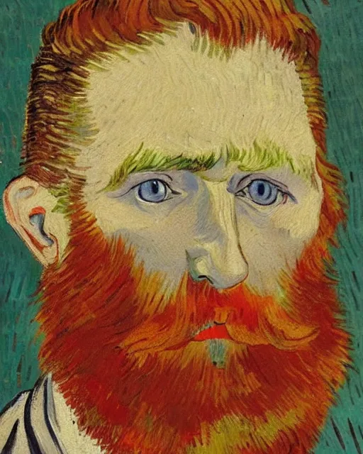 Image similar to An oil painting of a red headed man in his thirties, short beard, trimmed hair, by van gogh, very detailed