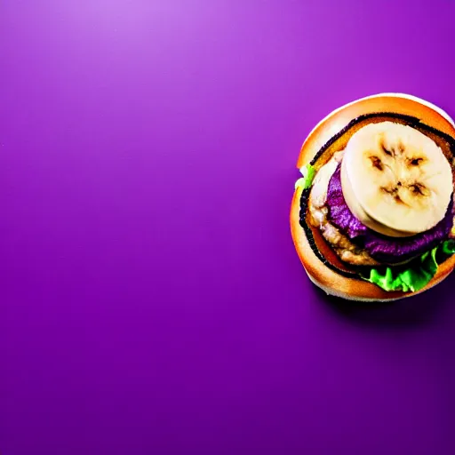 Prompt: a stock photo of a banana on a burger on a purple background, product photography, f 2. 4, bokeh effect, award winning