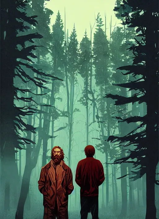 Image similar to poster artwork by Michael Whelan and Tomer Hanuka, Karol Bak of Chuck Norris as the local homeless man in the small town who has a spiritual connection to the world and is the protector of the woods, from scene from Twin Peaks, clean