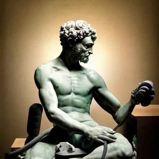 Prompt: A photo of Michelangelo’s sculpture of David wearing headphones DJing, 4K