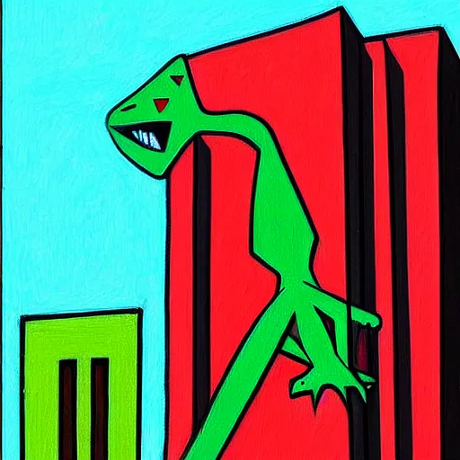 Prompt: a real concrete building with anthropomorphic qualities. a painting of sceptile by ricardo bofill. one building that reminds me of a green lizard with a red mouth. clearly a building. poorly drawn, bad, low quality, ugly, not very aesthetic at all in fact