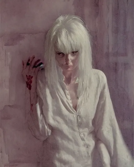 Image similar to a beautiful but sinister woman in layers of fear, wearing a linen shirt, with haunted eyes and big platinum hair, 1 9 7 0 s, seventies, floral wallpaper, delicate embellishments, a little blood, painterly, offset printing technique, by william russell flint