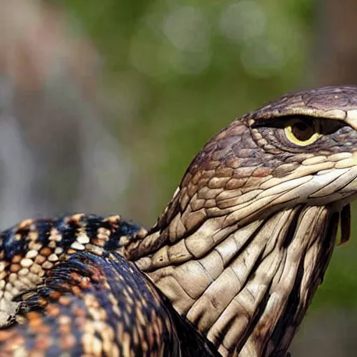 Prompt: hawk and rattlesnake mutant animal , realistic, picture taken in zoo