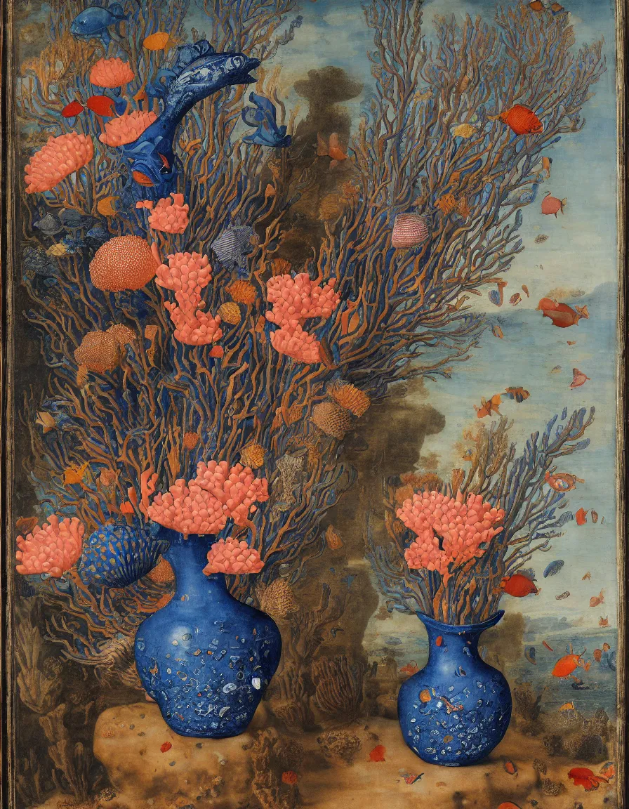 Image similar to bottle vase of coral under the sea decorated with a dense field of stylized scrolls that have opaque outlines enclosing mottled blue washes, with purple shells and blue fishes, ambrosius bosschaert the elder, oil on canvas, around the edges there are no objects