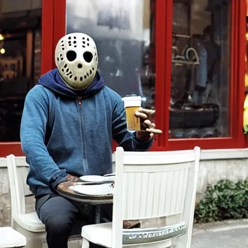 Image similar to photograph of jason voorhees having a coffee at an european caffé