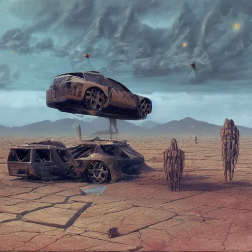 Image similar to a giant spaceship smashed to pieces in the new mexico desert, government agent campsite and cars, beksinski, wayne barlowe, very coherent symmetrical artwork, cinematic, hyper realism, high detail, octane render, 8 k