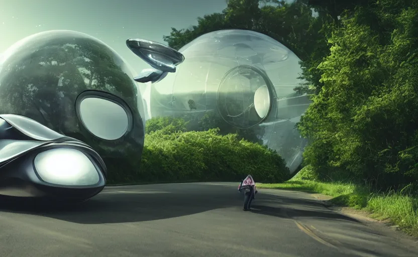 Image similar to a spherical car driving down the road, t - rex and humans dancing in the background, smoky, green hills, many interstellar plants, futuristic concept design, airy landscape, high detail rendering by octane, unreal engine, 8 k, cinematic grade.