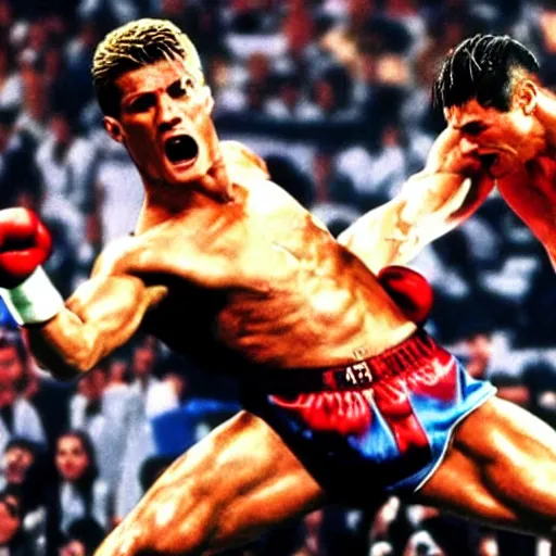 Prompt: movie still of cristiano ronaldo as ivan drago knocking out rocky balboa in rocky 4,