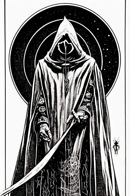 Image similar to wizard in a hooded cloak gazing into a crystal ball, high details, intricately detailed, by vincent di fate, inking, 3 color screen print, masterpiece, trending on artstation,, sharp, details, hyper - detailed, hd, 4 k, 8 k