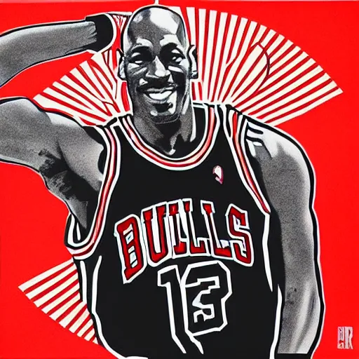 Prompt: Portrait of Michael Jordan in Bulls uniform by Shepard Fairey