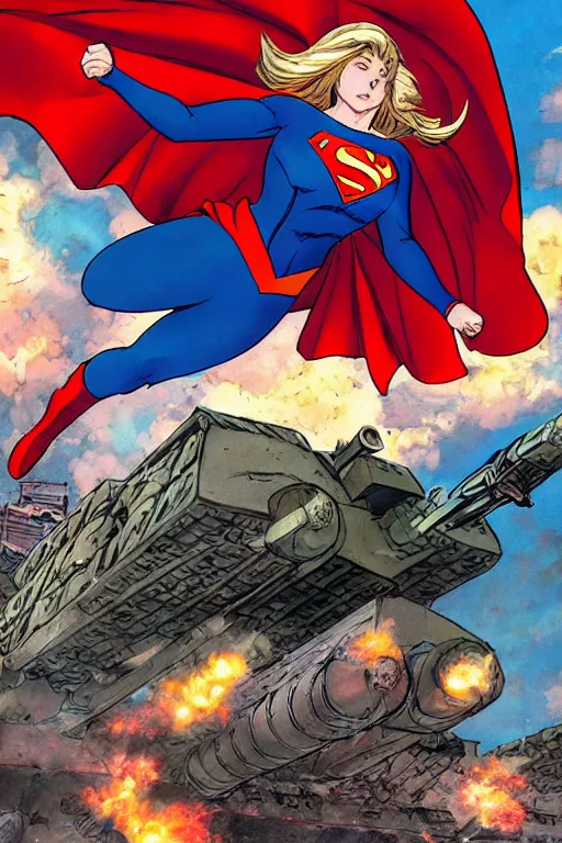 Image similar to a dramatic scene of supergirl leaping onto a tank and smashing it, on a battlefield, smoke, fires, explosions, manga art by masamune shirow, close - up, low angle, wide angle, highly detailed digital art