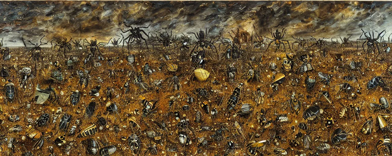 Image similar to strange giant insects, beetles, spiders and flies, swarming in a cornfield, oil painting by max ernst and anselm kiefer, decay, mixed media, textured, sharp focus, highly detailed, photographic emulsion cracked and peeling, rust, cinematic lighting, 8 k, hd