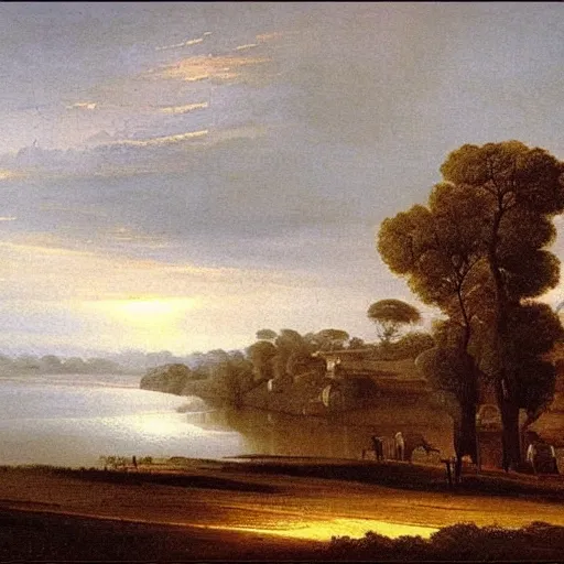 Image similar to the african velt, highly detailed landscape painting by claude lorrain, misty ominous atmosphere