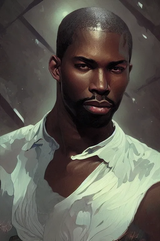 Prompt: a portrait of a black man, fantasy, sharp focus, intricate, elegant, digital painting, artstation, matte, highly detailed, concept art, illustration, ambient lighting, art by ilya kuvshinov, artgerm, alphonse mucha, and greg rutkowski