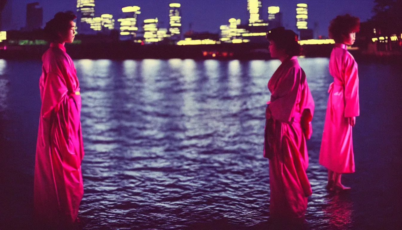 Image similar to 80s neon movie still with a lonely woman in a kimono standing by a river at night with city lights in front of her. She is looking at the city. hyperrealistic, high definition, medium format photography, highly detailed, technicolor, anamorphic 50mm lens