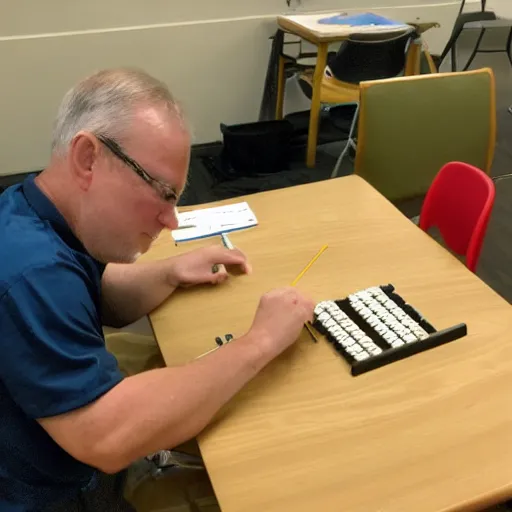 Prompt: Mike tysen sitting at a table using an abacus to count