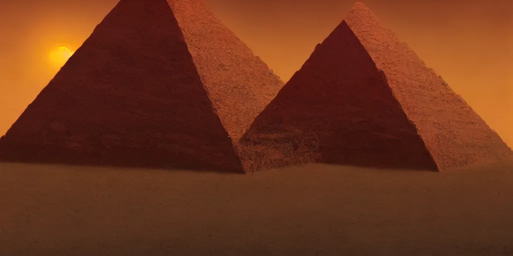 Prompt: an oil painting of a pyramid in in a post apocalyptic desert and a dark red sun, fantasy,hyper realistic, atmospheric lighting, cinematic, 8k,