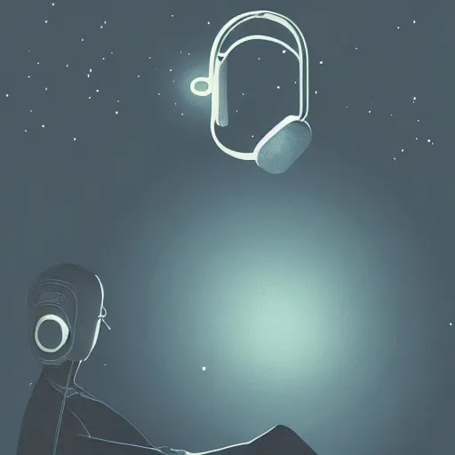 Prompt: medium shot of male wearing headphones sitting on the moon, calm, soothing, relaxed, cosy, quiet, elegant, cybernetic, glows, digital painting, Hayao Miyazaki, realism,