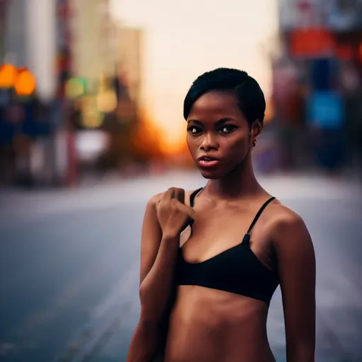 Prompt: portrait face of a beautiful gorgeous black edgy model girl with short hair, bikini, she's sad, sunset, street of hong kong, 8 0 mm lens, 1. 2 aperture, grainy image, close up, cinematic light, 8 k, 4 k, very detailed, depressing atmosphere, cover magazine