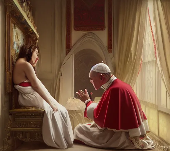 Image similar to photography of a pope kissing a sensual woman in a bedroom, deep focus, elegant, highly detailed, digital painting, artstation, concept art, matte, sharp focus, illustration, art by artgerm and greg rutkowski and alphonse mucha