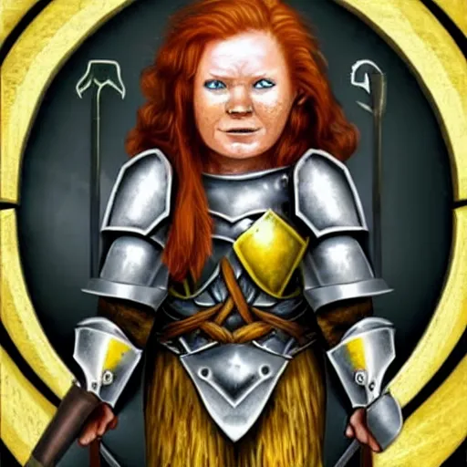 Image similar to dwarven woman, ginger hair, green eyes, holding hammer and shield with plate armour