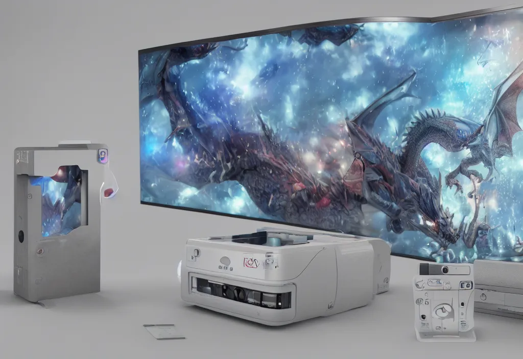 Image similar to 3 dtv dragon popping out of tv, volumetric lighting, bedroom, visor, users, pair of keycards on table, bokeh, creterion collection, shot on 7 0 mm, instax