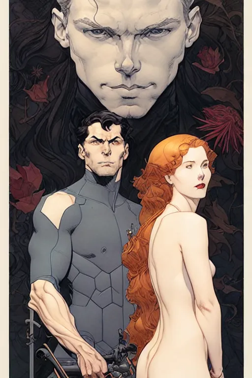 Prompt: artwork by James Jean, Phil noto and Rebecca guay of a handsome man and a beautiful woman back to back