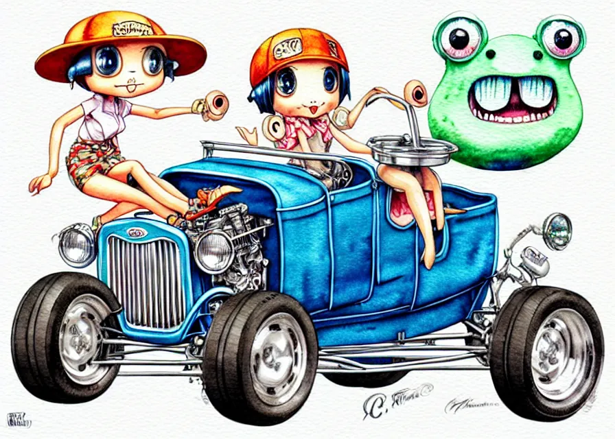 Prompt: cute and funny, margay riding in a tiny 1 9 2 3 ford t - bucket with oversized engine, ratfink style by ed roth, centered award winning watercolor pen illustration, isometric illustration by chihiro iwasaki, edited by range murata, tiny details by artgerm and watercolor girl, symmetrically isometrically centered