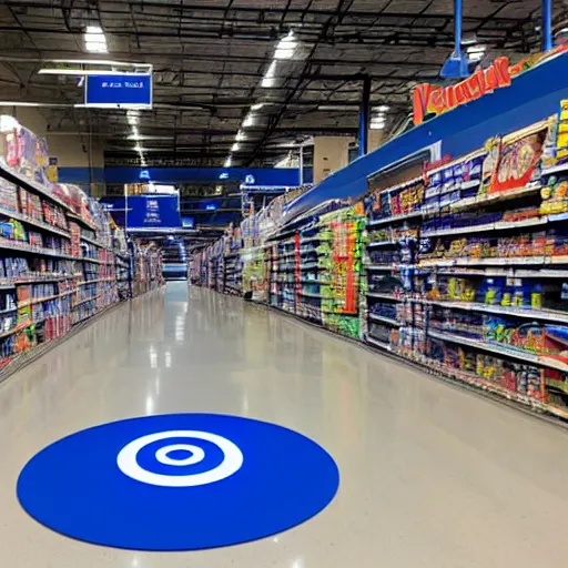 Prompt: a blue portal opening in the middle of a walmart aisle