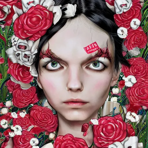 Prompt: Alice in Wonderland at the tea party, she looks like a mix of grimes, Aurora Aksnes and zoë Kravitz, sweet and innocent, surrounded by red and white roses, digital illustration, inspired by Aeon Flux, Japanese shoujo manga, and Alexander McQueen fashion, hyper detailed, dreamlike, incredibly ethereal, super photorealistic, iridescent colors, Tyndall effect, extremely fine inking lines