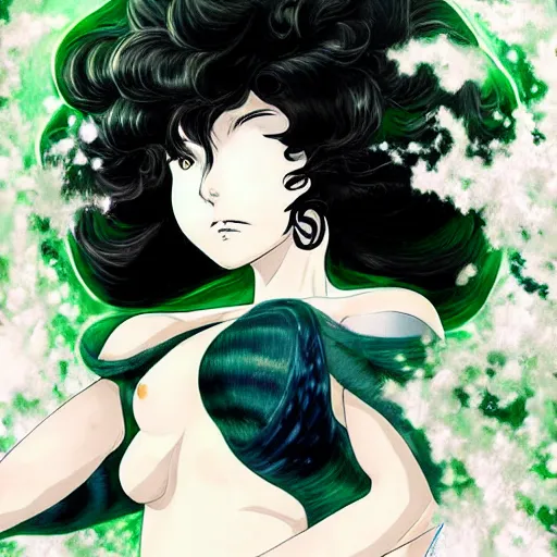 Image similar to portrait of Tatsumaki drawn by Yusuke Murata in the space with nebulae, realistic painting, high definition, digital art, matte painting, very detailed, realistic