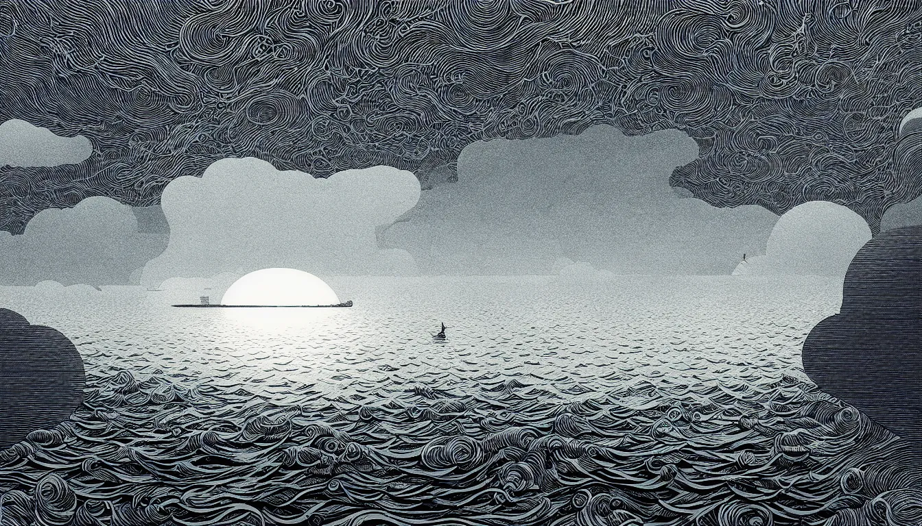 Prompt: calm ocean by nicolas delort, moebius, victo ngai, josan gonzalez, kilian eng