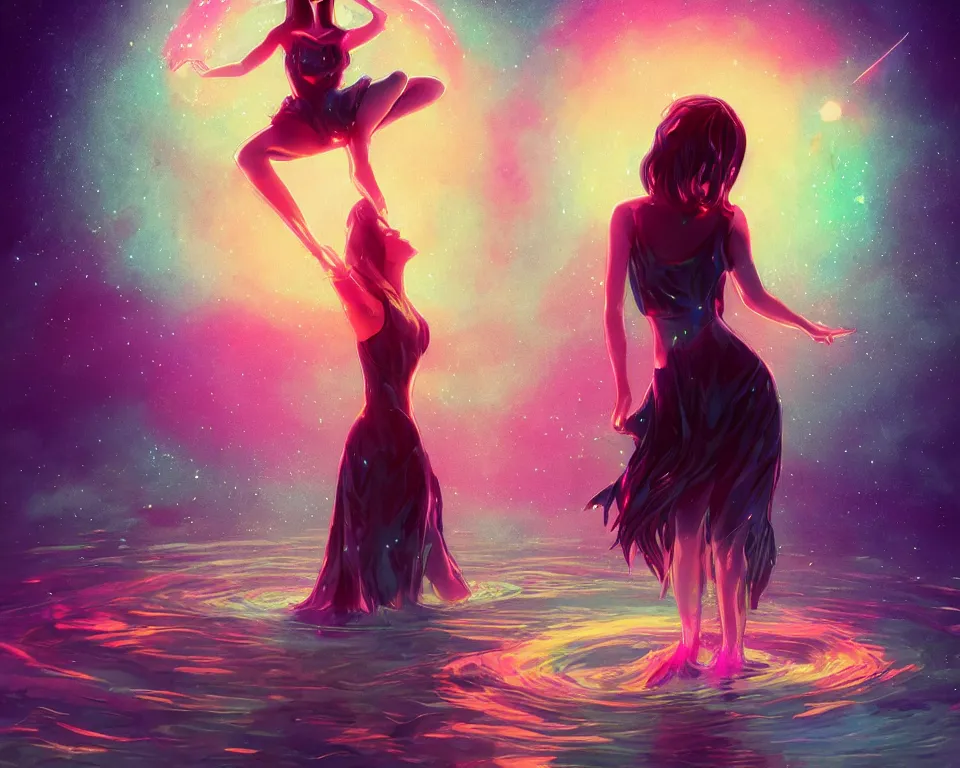 Prompt: beautiful fantastical girl standing in a lake basking in the moonlight, conjuring a demon, underneath a multi-colored binary blackhole with an accretion disc, glowing trails following her arms, wearing professional makeup, synthwave, by Lois van Baarle, by Greg Rutkowski, by artgerm, by beeple, by studio ghibli, cinematic angle, volumetric lighting, 4k resolution, octane render, trending on artstation, masterpiece