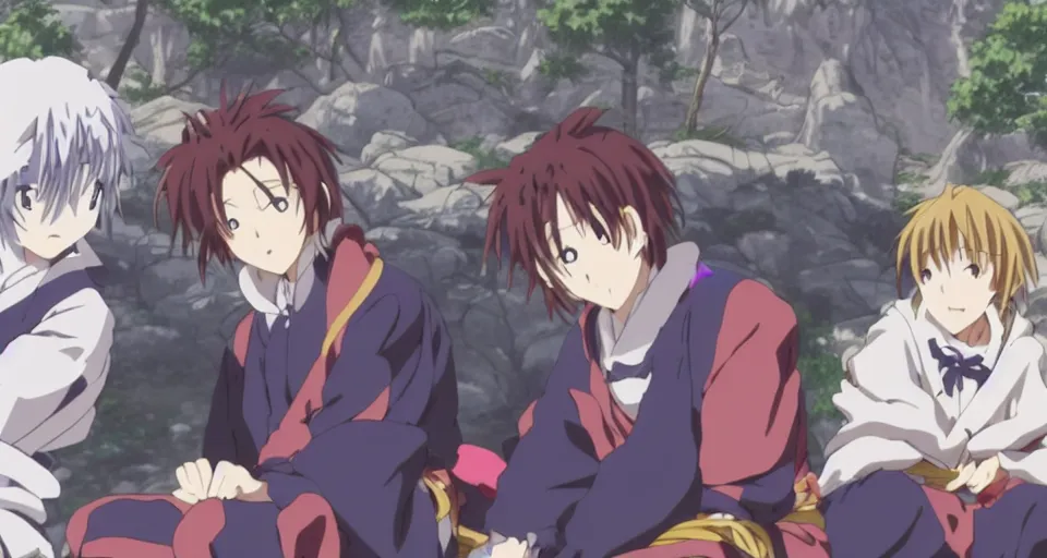 Prompt: Still from a Kyoto Animation anime of a fighter, a mage and a thief resting at camp after a successful adventure