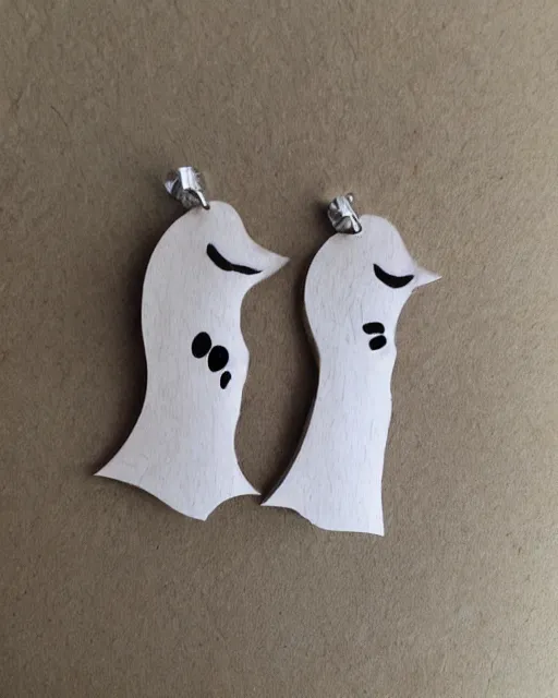 Prompt: cute funny ghost, 2 d lasercut wood earrings, ultra realistic, concept art, intricate details, highly detailed, trending on artstation, trending on deviantart