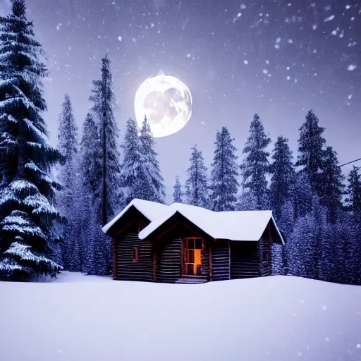 Prompt: Cabin in the woods, photography, nighttime, bright moon, snow, snowy trees, snow storm, Lights from inside the house, raytracing, godrays, smokey chimney, cozy, forest, trees, 8k