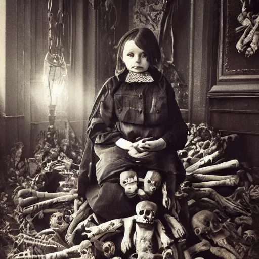 Prompt: a photo of young sad victorian gothic child with big eyes and wide grin sitting on a sofa of bones surrounded by a cyber futuristic cityscape made of human body parts, lighting, 5 0 mm, perfect faces, award winning phhotography