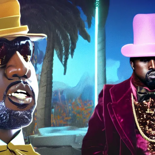 Image similar to Kanye West as willy wonka in fallout new vegas, splash art, movie still, cinematic lighting, dramatic, octane render, long lens, shallow depth of field, bokeh, anamorphic lens flare, 8k, hyper detailed, 35mm film grain