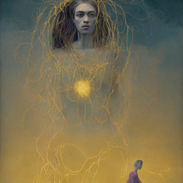 Prompt: A portrait of a woman wearing clothes made out of thunder clouds and flowers, silhouettes of people floating in the air in the background, apocalypse, yellow skin, Masterpiece, glowing, wires everywhere, by Edgar Maxence and Ross Tran, Zdzisław Beksiński, and Michael Whelan, distant, gustav dore, H.R. Giger, 8k, octane render