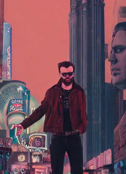 Image similar to 35mm kodak portra portrait of chris evans as a darkwave vampire on the Las Vegas strip at night by tomer hanuka and tom bagshaw, hyper realism, high detail, octane render, 8k, trending on artstation, CGsociety, concept art