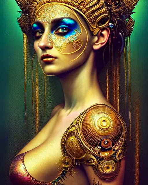 Image similar to hyperrealistic detailed portrait of a beautiful goddess in an iridescent - gold ornamental headdress, intricate cyberpunk make - up, golden face tattoos, art by android jones, john william godward, nekro borja, gothic - cyberpunk, beautiful deep colours,