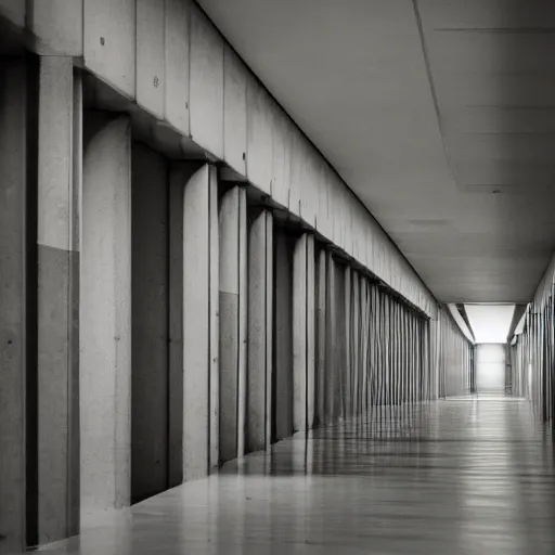 Image similar to noisy color photograph of a liminal space in the style of brutalism, wise hallways with high ceilings, minimalist, oddly familiar, cinematic, dramatic lighting, soft vintage glow