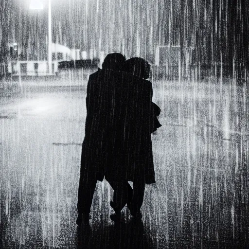 Prompt: an emotional dark picture of two shadowy figures hugging each other, it is raining, 35mm, motion blur