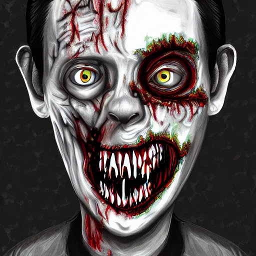 Image similar to smiling zombie portrait, digital art