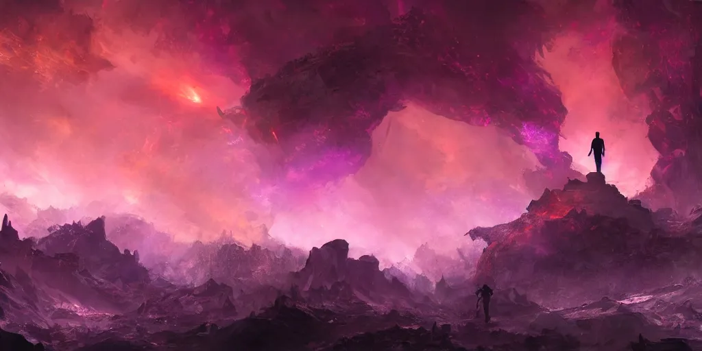 Image similar to one small male silhouette standing in the ruins of crux prime, purple fiery maelstrom in the distance, digital art, artstationhq