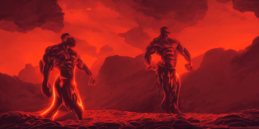 Prompt: A digital intricate illustration concept art of a silhouette of a Roman mr olympia in a color lit lava at night, stunning massive ornately inspired art by Renato muccillo and Andreas Rocha and Johanna Rupprecht + dofus colors, wakfu colors + symmetry, symmetrical face, symmetrical body + natural volumetric lighting, realistic 4k octane beautifully detailed render, 4k post-processing, intricate complexity, epic composition, magical atmosphere, highly detailed, cinematic lighting + masterpiece, trending on artstation