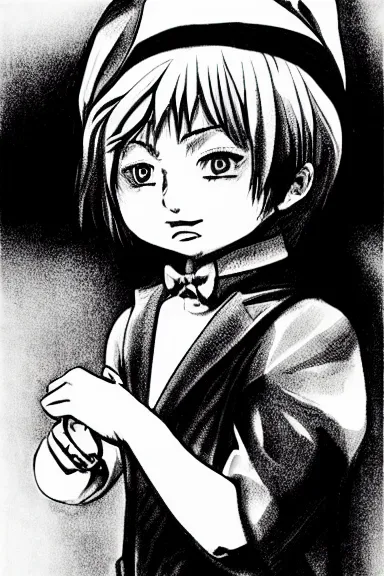 Image similar to attractive little boy wearing an bunny suit, black and white artwork made by kentaro miura