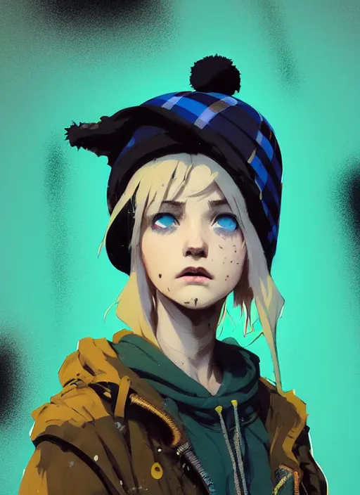 Image similar to highly detailed portrait of a sewer punk lady student, blue eyes, tartan hoody, hat, white hair by atey ghailan, by greg rutkowski, by greg tocchini, by james gilleard, by joe fenton, by kaethe butcher, gradient yellow, black, brown and cyan color scheme, grunge aesthetic!!! ( ( graffiti tag wall background ) )