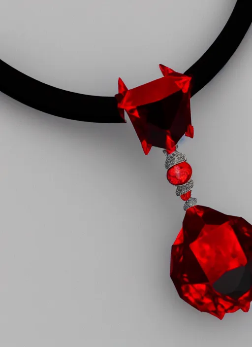 Prompt: object render of a black necklace with a fiery red diamond pendant, Unreal 5, DAZ, hyperrealistic, octane render, dynamic lighting